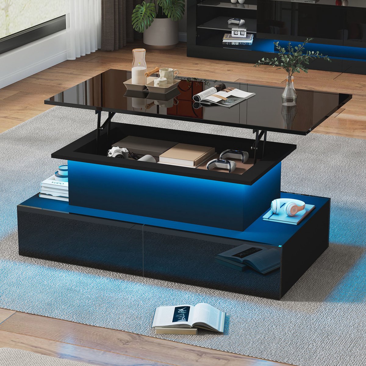 Pugsdrly Moderne zwarte hoogglans salontafel met ledverlichting en 4 lades - Stijlvolle bijzettafel 90x55x41 cm met opbergruimte voor maximaal 30 kg Zwart-1