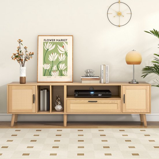 Pugsdrly Ruime 180 cm tv-kast met rotan decoratie, 2 deuren en een lade, poten van massief hout, biedt plaats aan een 80 inch tv, tv-opbergkast, tv-kast