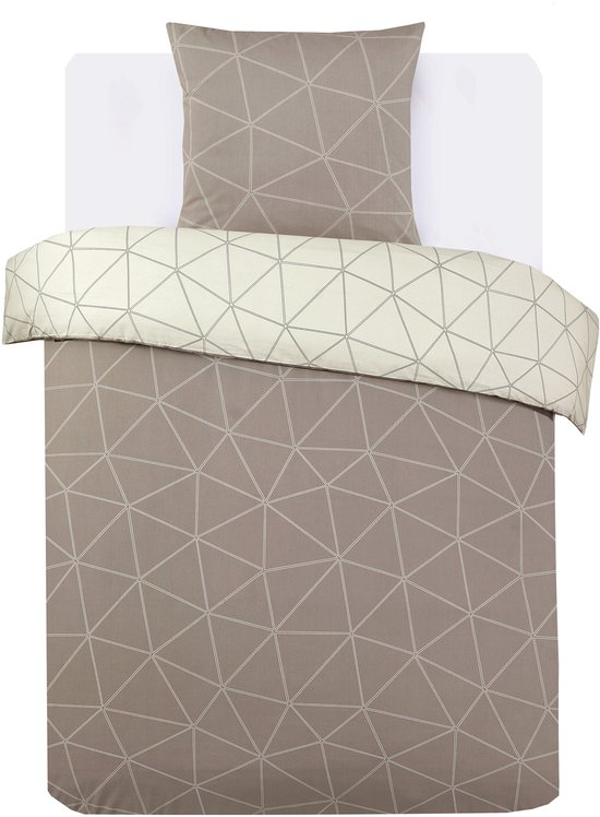 Beige dekbedovertrek met crème geometrisch driehoekspatroon en bijpassende kussensloop.