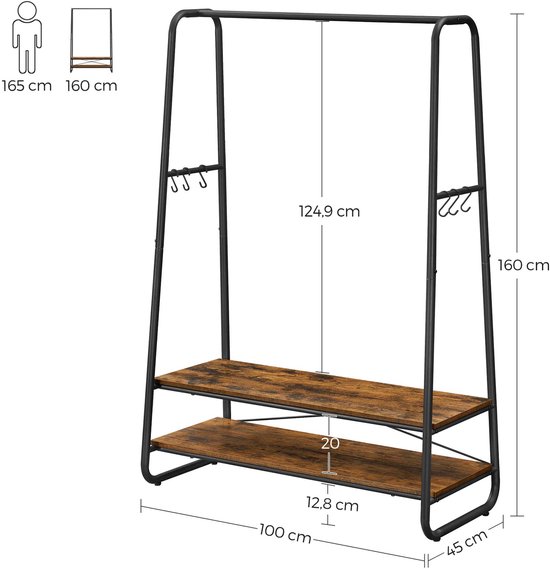 Afmetingen van een zwart kledingrek met 2 houten planken, 160cm hoog.