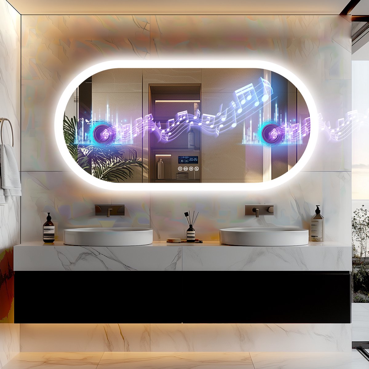LUVODI badkamerspiegel met LED verlichting -1200x600mm ovale wandspiegel met verlichting - Bluetooth speakers - dimbaar 3 kleuren achtergrondverlichting - anti-condens - geheugenfunctie - tijd temperatuurweergave