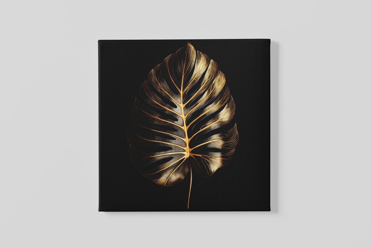 Trendex Global Vierkant Canvas Schilderij - Blad - Goud - Zwart - Wall Art - 40x40x2 cm