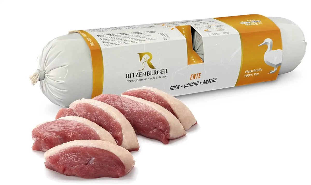 Ritzenberger 100% Eend gestoomde worst. 24 x 400 gram (doos 12 rollen, 9,6 kilo totaal)