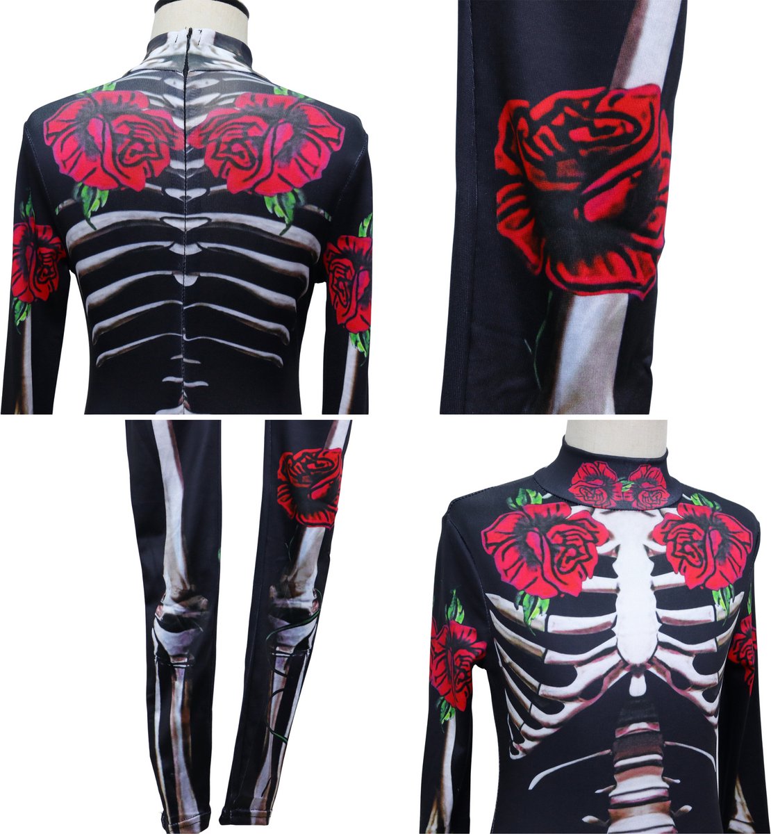 Joya Kids® Skelet Verkleedpak Rozenprint Kinderen | Jumpsuit Halloween Kostuum | Día de los Muertos Verkleed Kostuum Meisje | Stretch Carnaval Outfit | — afbeelding 5