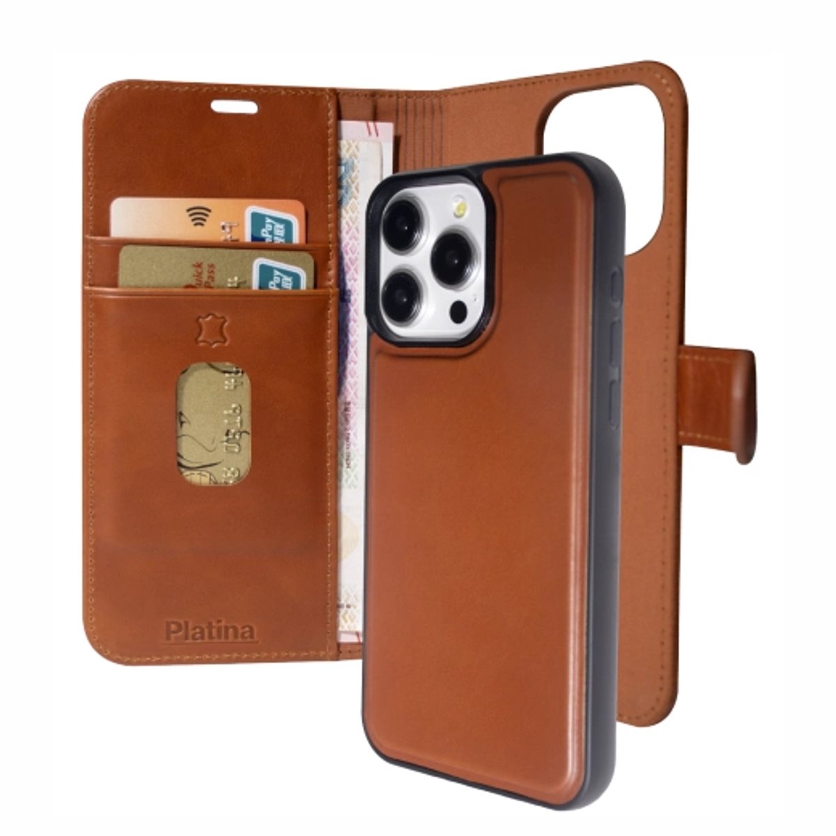 Platina Real Leather 2-in-1 Wallet (MagSafe Compatible) for iPhone 15 Pro Max Cognac