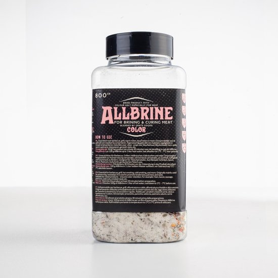 Pot met AllBrine Color, een pekelproduct met zout, kruiden en specerijen in verschillende kleuren.