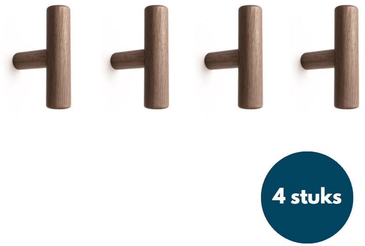 Jashaken hout - Walnoot licht - Kapstok haken - Wandhaken - Wandkapstok - 4 stuks