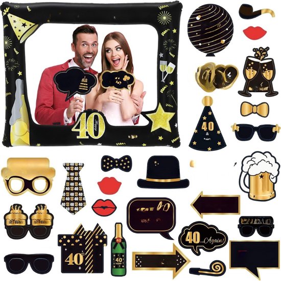 Foto: Opblaasbare fotolijst 40e verjaardag foto booth rekwisieten zwart en goud verjaardag foto booth accessoires voor vrouwen mannen