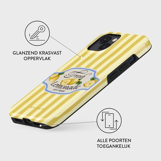 Telefoonhoesje met gele en witte strepen en een 'Fresh Lemonade' etiket met citroenen.