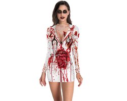 Joya Party® Bloederige Sexy Zuster Kostuum | Halloween Verkleedjurk Dames | Korte Strakke Verpleegster Jurk met Bloed | Stretch | Carnaval & Halloween Outfit | Maat S