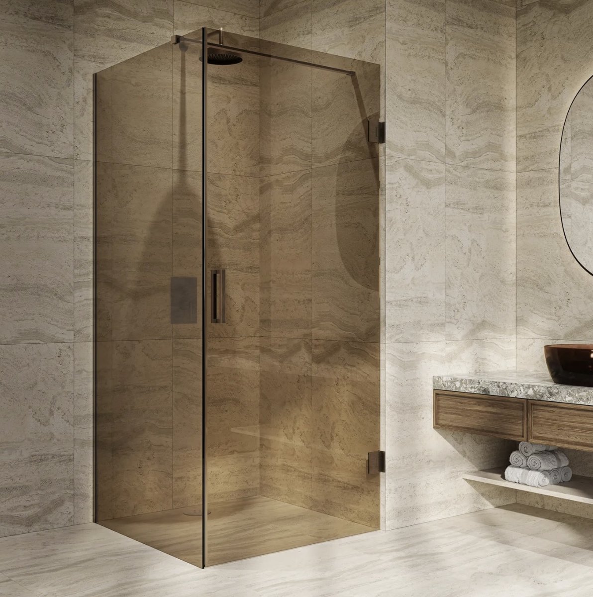 Douchecabine 90x90 brons glas 8mm dik nano coating anti kalk