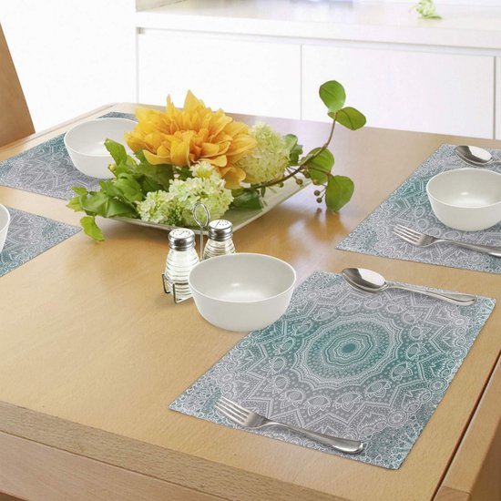 New de 4 Set de table à manger motif mandala ombré Grijs et bleu vert, tissu lavable avec envers antidérapant