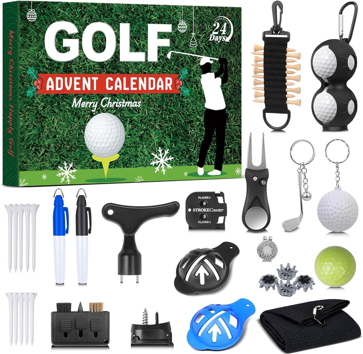 Golf Adventskalender voor Mannen en Tienerjongens, 24-daagse Kerst Aftelkalender voor Vader, Echtgenoot of Vriend, Perfect Vakantiecadeau met Golfballen, Tees en Balmarkers - Cyslmuk®