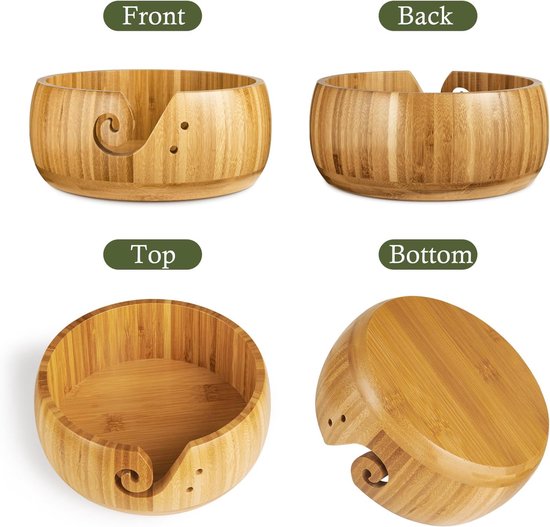 Bamboe garenkom - Handgemaakte opbergkom voor breigaren - Met afneembaar deksel en gaten - Breikom - Wolstandaard - Geschikt voor breien, haken en woondecoratie - Houtkleur - Diameter 15,5 cm x 9,5 cm hoogte