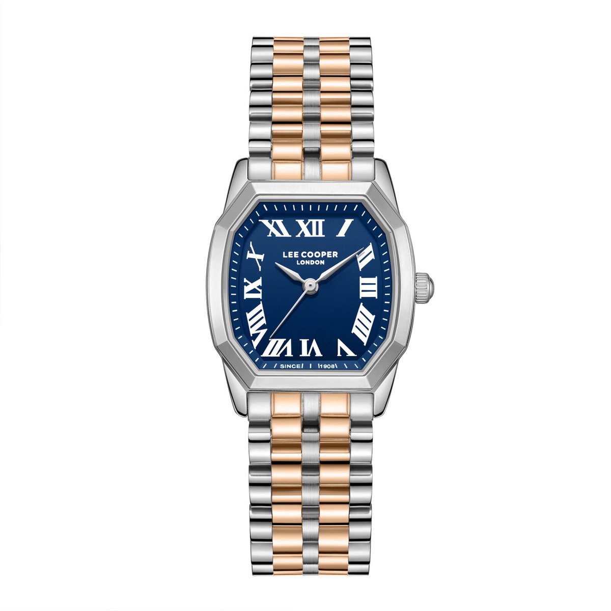 Lee Cooper LC08201.590 - Horloge - Polshorloge - Analoog - Dames - Vrouwen - Stalen band - Metaal - Achthoek - Strepen - Romeinse cijfers - Zilverkleurig -Rosékleurig - Donkerblauw- Wit