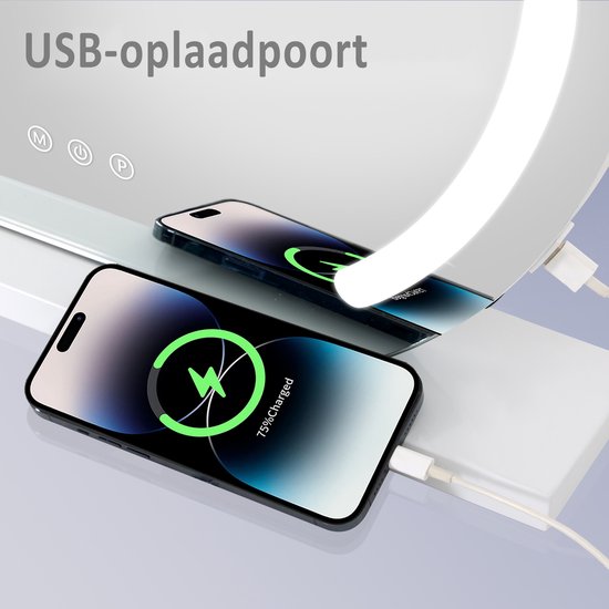 Twee mobiele telefoons met draadloos opladen via USB-oplaadpoort op een spiegel.