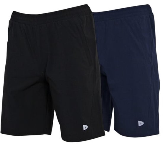 Zwarte en donkerblauwe sportshort voor heren, naast elkaar.