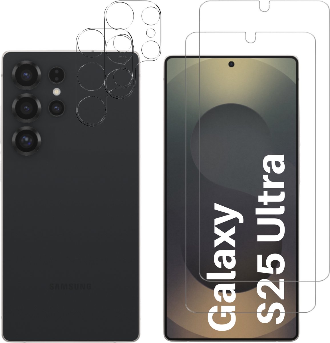 Screenprotector geschikt voor Samsung Galaxy S25 Ultra - 2 stuks Beschermglas van glas Transparante glazen schermbeschermfolie + 2 stuks Camera Protector