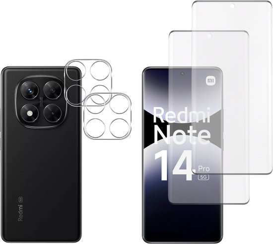 Zwarte telefoon met vier camera's en twee camera screenprotectors links. Rechts de voorzijde van een telefoon met twee transparante screenprotectors ernaast.