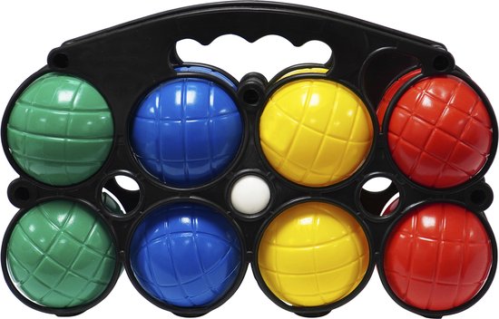 Zwarte draagtas met 4 groene, 2 blauwe, 2 gele en 2 rode petanqueballen, plus een witte kleinere bal.