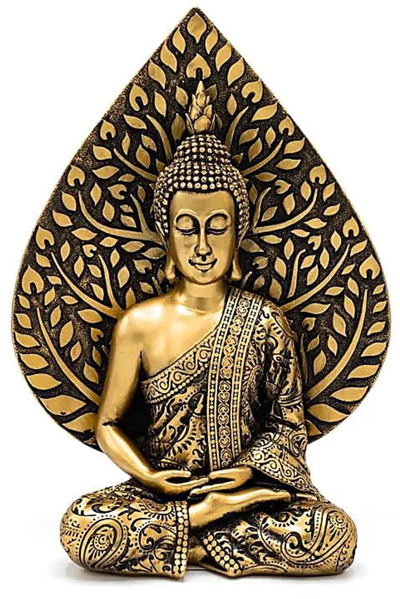 Meditatie Boeddhabeeld met Bodhiblad goudkleurig- 17 cm x 10 cm x 24 cm