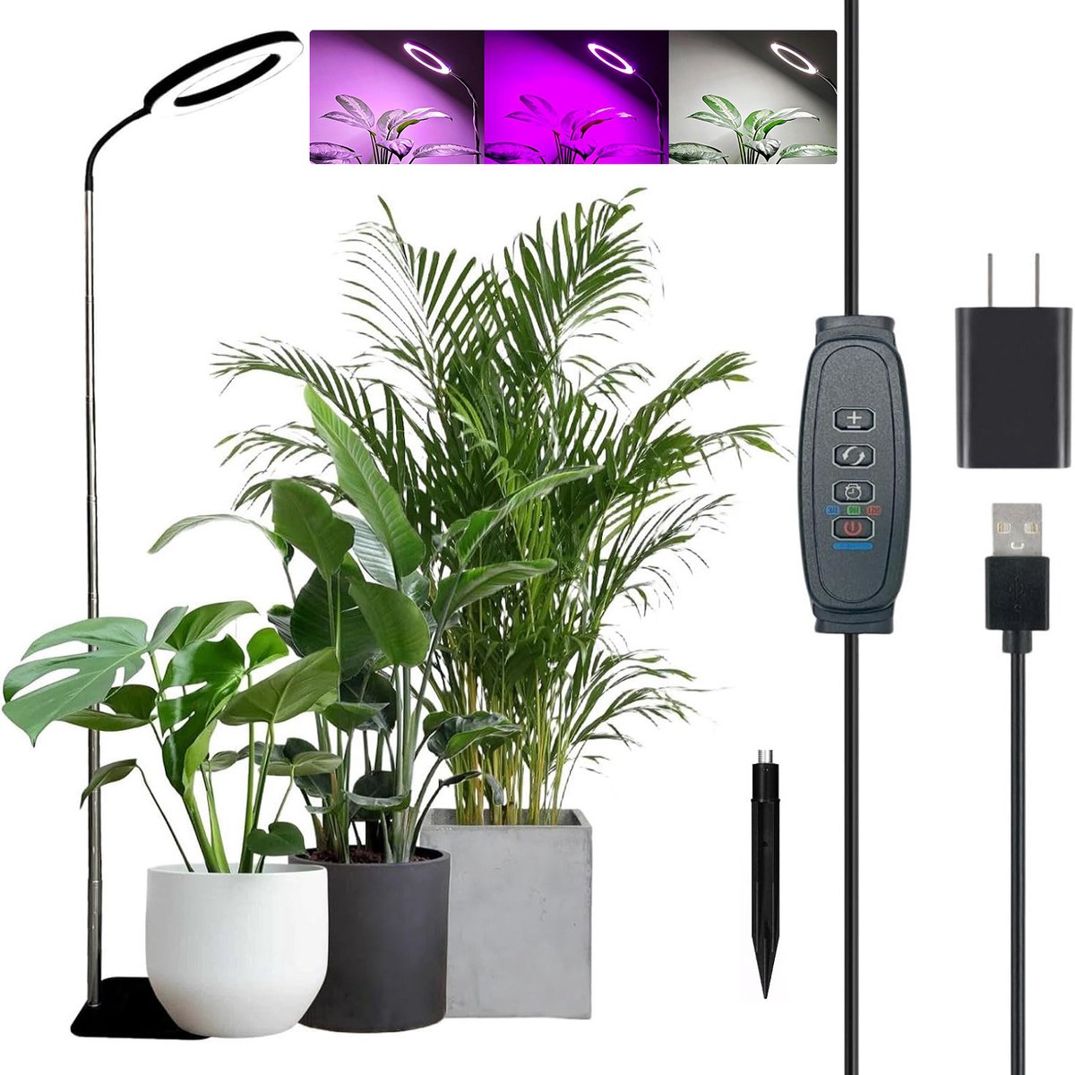 Rosnek LED Groeilamp Zwart - Full Spectrum Kweeklamp met Basis & Aardstok - 10-level Dimmen - 3/9/12H Timer - Hoogte Verstelbaar (25-155cm) - 72LEDs Voor Grote Binnenplanten - met Adapter