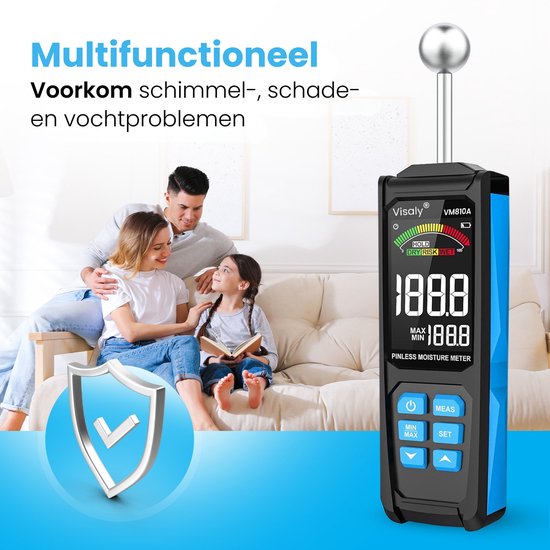 Humidimètre Visaly Pinless VM810A - Humidimètre de Luxe pour murs - Hygromètre - Précis - Avec étui de rangement et piles