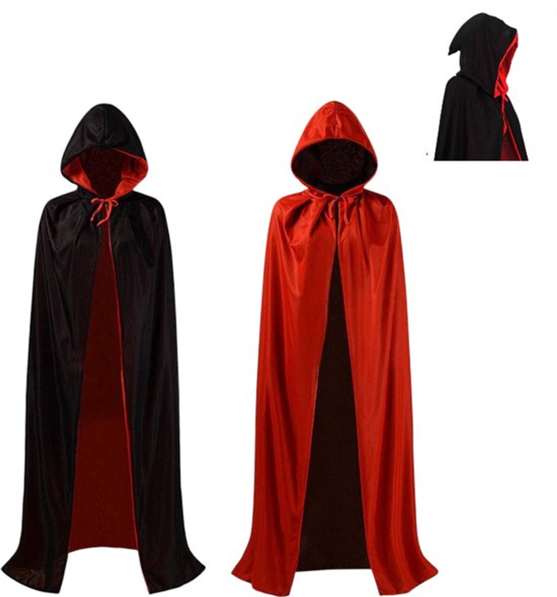 Daity 1 Pack Halloween-cape - Grim Reaper's Cape - Zwarte en rode enkel- of dubbellaagse cape - Piratencape - Heksencape - Halloween-cape met capuchon - Vampierencape - Halloween-kostuum - 150 cm