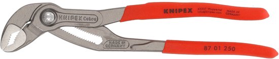 Knipex Cobra waterpomptang, gepolijste bekken, rode handvatten.