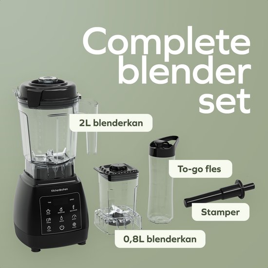 KitchenBrothers Power Blender Set - 1600W - 2L - Complete Set - To-go Beker - Smoothie Maker - Zwart van KitchenBrothers — afbeelding 4