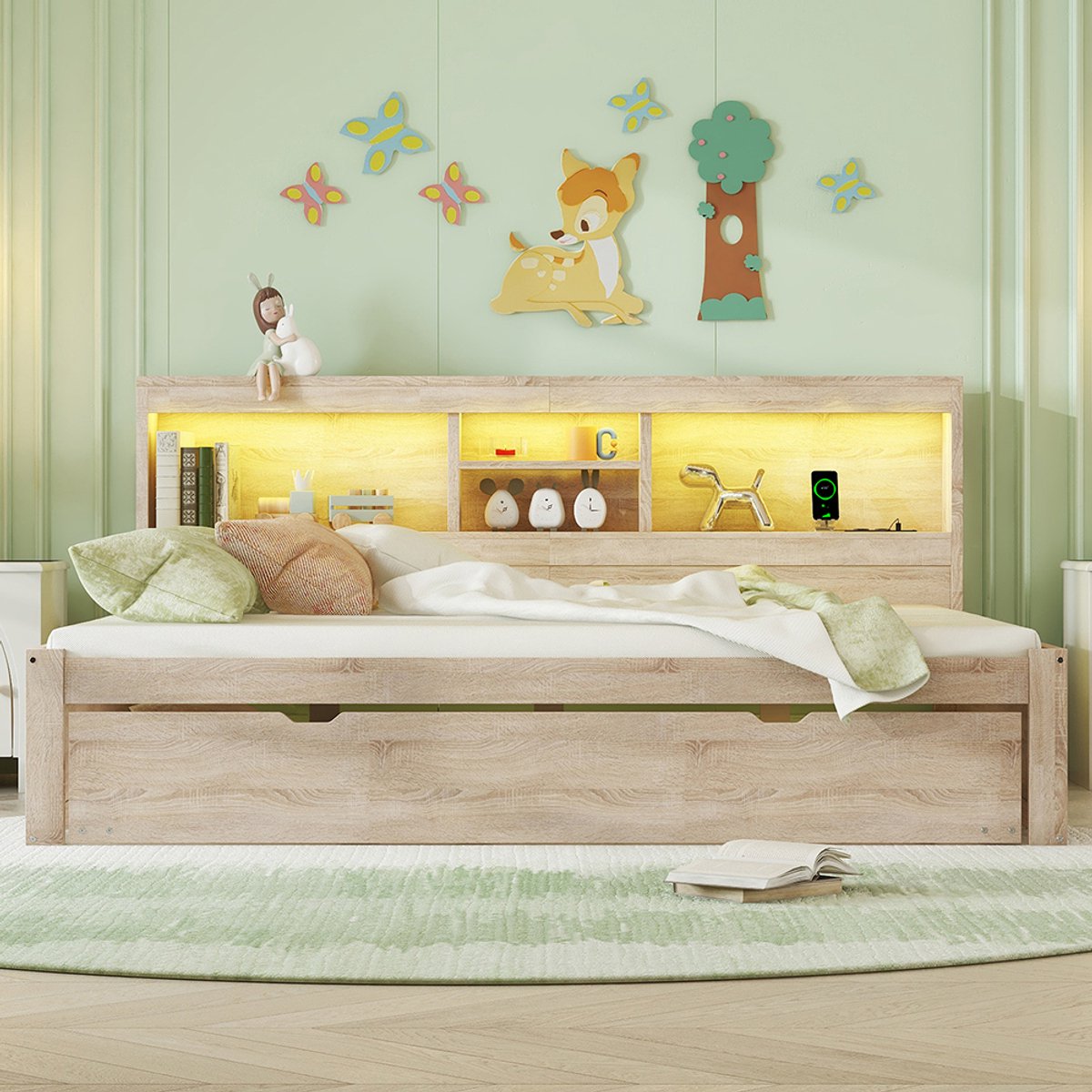 KOMHTOM BLACKCOLORS Slaapbank dagbed rustbed 140x200cm sfeerverlichting met afstandsbediening opbergvak aan de zijkant van het bed uitschuifbaar bed stopcontact + USB zonder matras naturel Natuurlijk