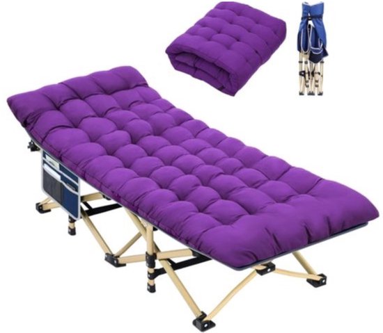 Veldbed met matras - opklapbed - breedte 71 cm - draagvermogen 204 kg - logeerbed - campingbed - veldbed met opbergtas voor volwassenen - outdoor - indoor - tuin - camping - reizen - blauw + paars.