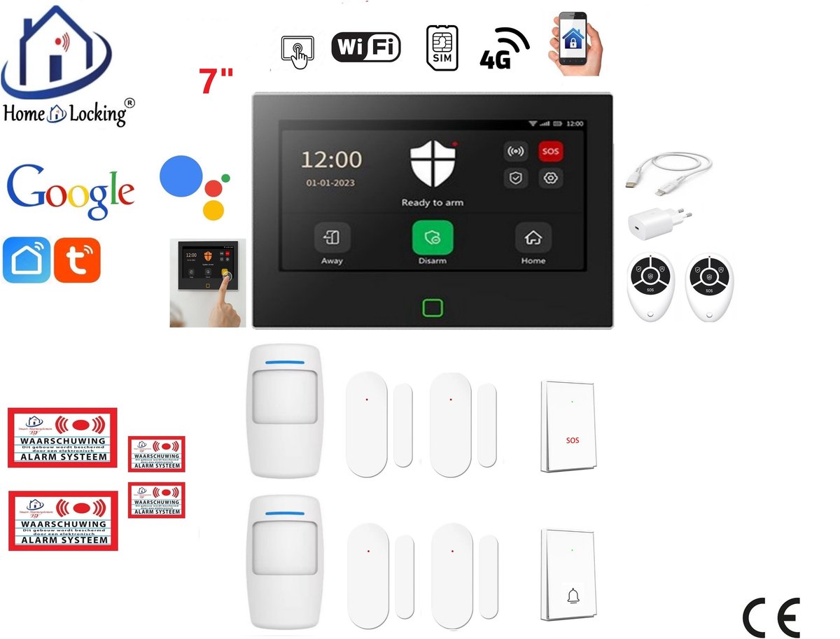 Draadloos / bedraad alarmsysteem met 7-inch touchscreen voor woning/camper/boot/caravan werkt met wifi en sim kaart en met spraakgestuurde apps. (Nederlands of Frans stem en tekst). ST01B-A3