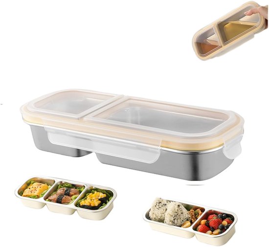 DERCA Lunchbox, Bento Box, broodtrommel met 3 vakken, 1500 ml, broodtrommel met bestek, lekvrij
