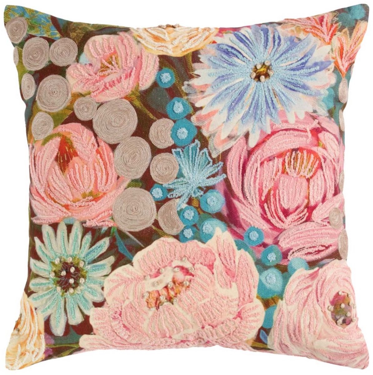 Kussen geborduurd met wilde bloemen pioenroos, 45x45cm