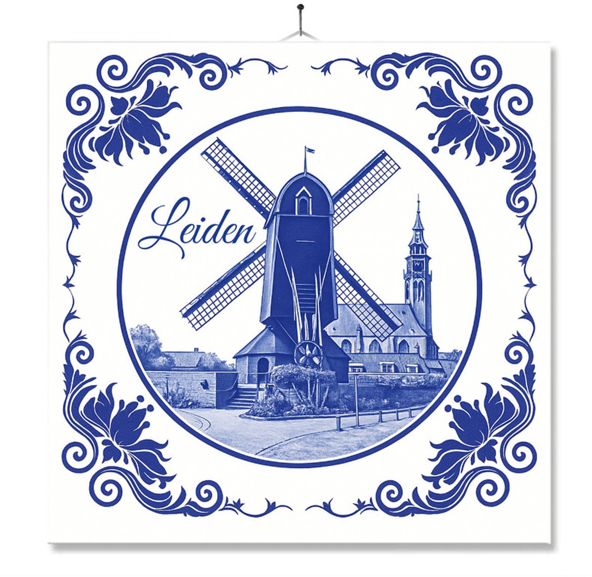 Tegel Met Opdruk | Leiden | Delft Blauw | Cadeau | Inclusief Geschenkdoos | Standaard | Ophangsysteem