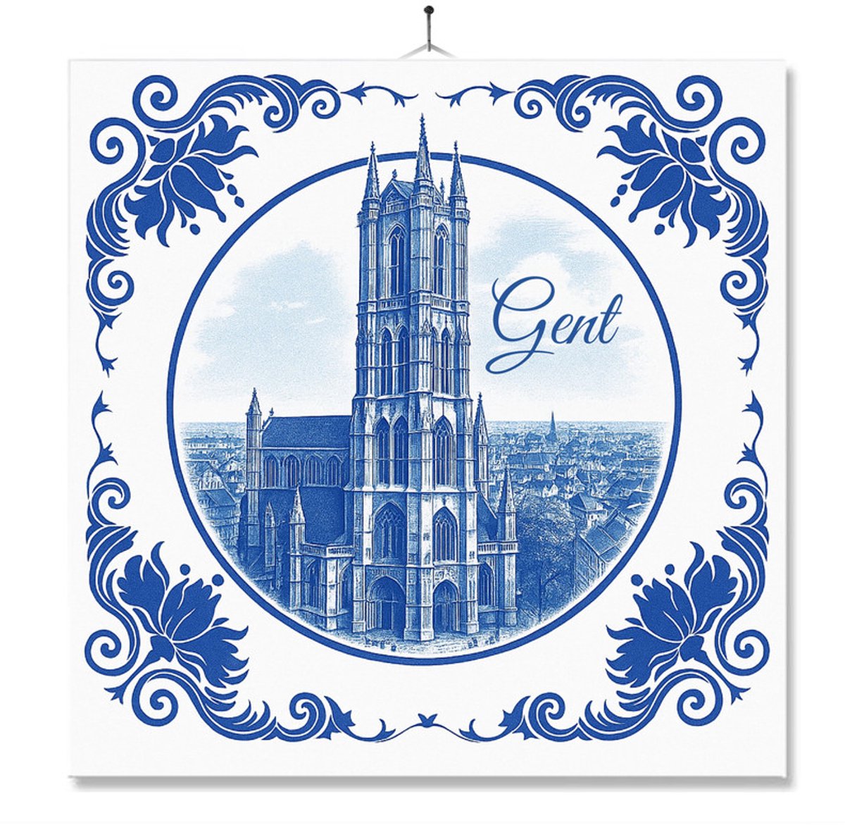 Tegel Met Opdruk | Gent | Delft Blauw | Cadeau | Inclusief Geschenkdoos | Standaard | Ophangsysteem
