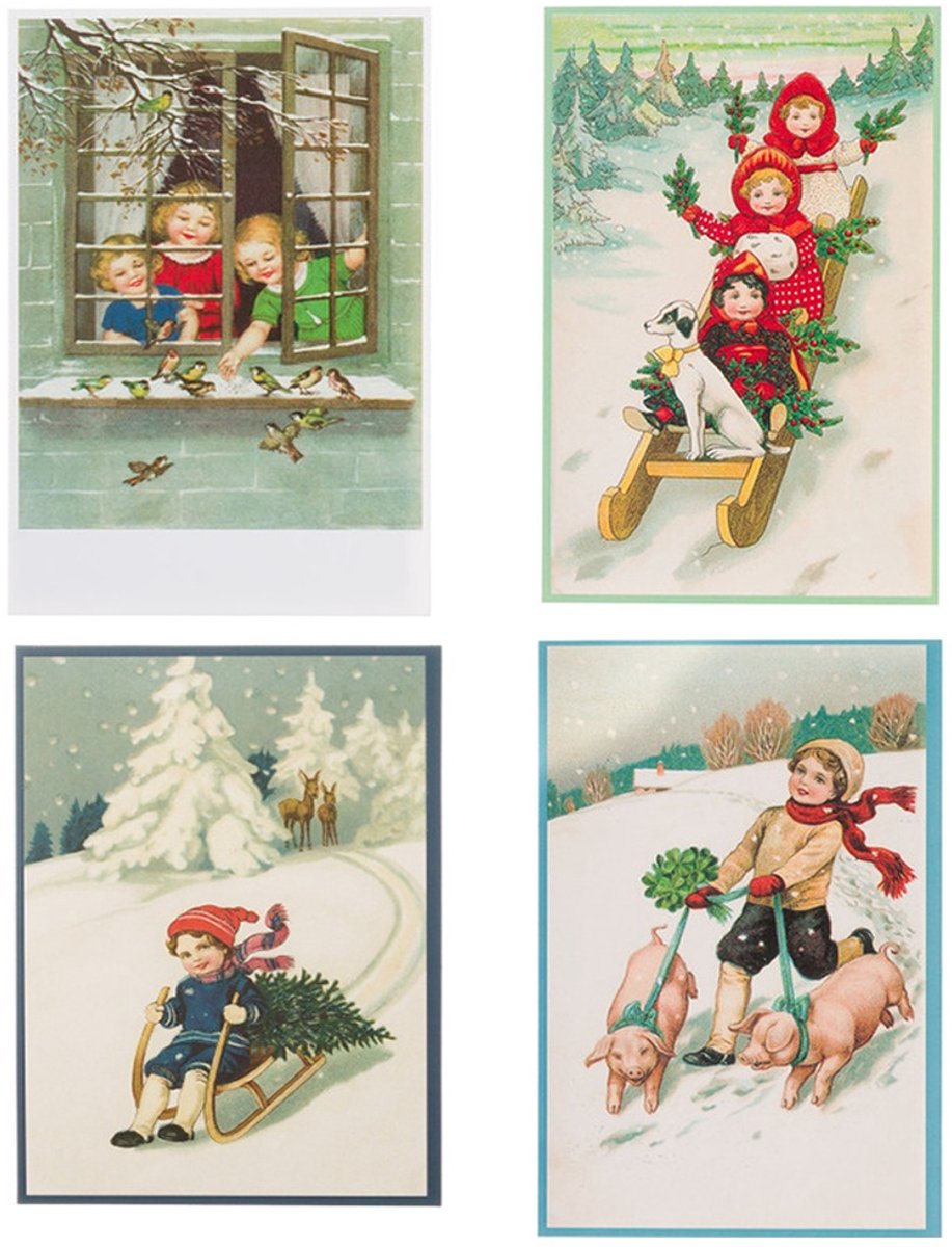 Nostalgische kerstkaarten - 4 stuks - Franz_Josef - Klassieke Vintage afbeeldingen - Winter - Sneeuw - Feestelijk - Jaarwisseling - Oude Brocante kerstkaarten 15X10,5 en 14X9