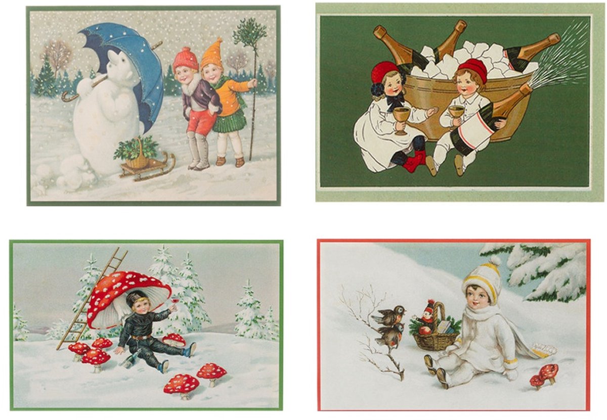 Nostalgische kerstkaarten - 4 stuks - Franz_Josef - Klassieke Vintage afbeeldingen - Winter - Sneeuw - Feestelijk - Jaarwisseling - Oude Brocante kerstkaarten 15X10,5 en 14X9