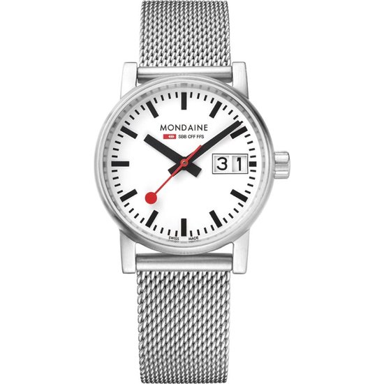 Zilverkleurig horloge met witte wijzerplaat, zwarte wijzers, datumvenster en Milanese band.