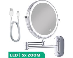 Mirlux Make-upspiegel met LED-verlichting - Oplaadbaar - 5x Vergroting - Vergrotende spiegel met licht - Scheerspiegel - Badkamerspiegel - Chroom