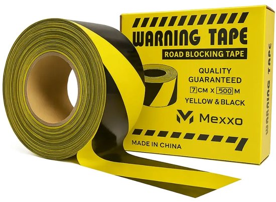 Gele en zwarte afzetlint met de tekst "WARNING TAPE ROAD BLOCKING TAPE".