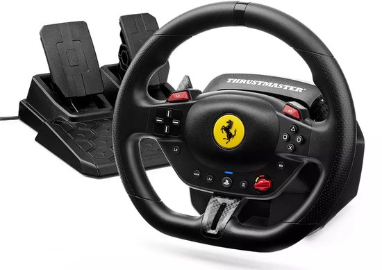 Zwarte race wheel met Ferrari-logo en pedalen.