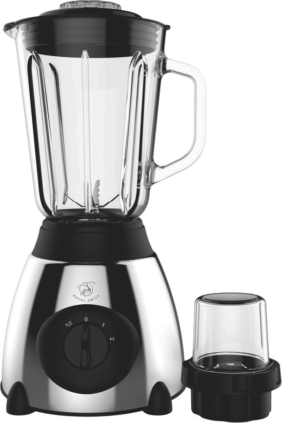 Royal Swiss® Blender met Molen – 600W – Glazen Kan – 2 Snelheden + Pulse – Zwart