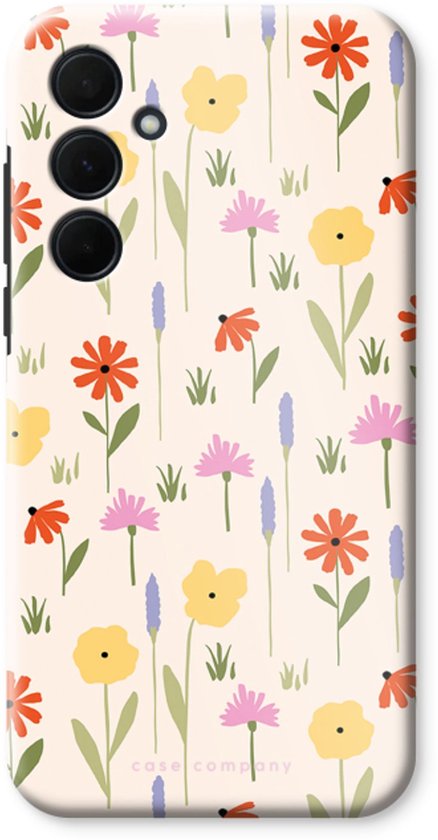 Lichtgekleurde telefoonhoes met een patroon van kleine rode, gele en roze bloemen met groene stengels en gras.