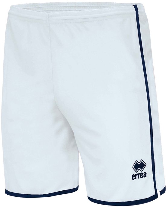 Witte Errea sportbroek met donkerblauwe biezen langs de zijkanten en onderkant. Errea logo op de rechterpijp.