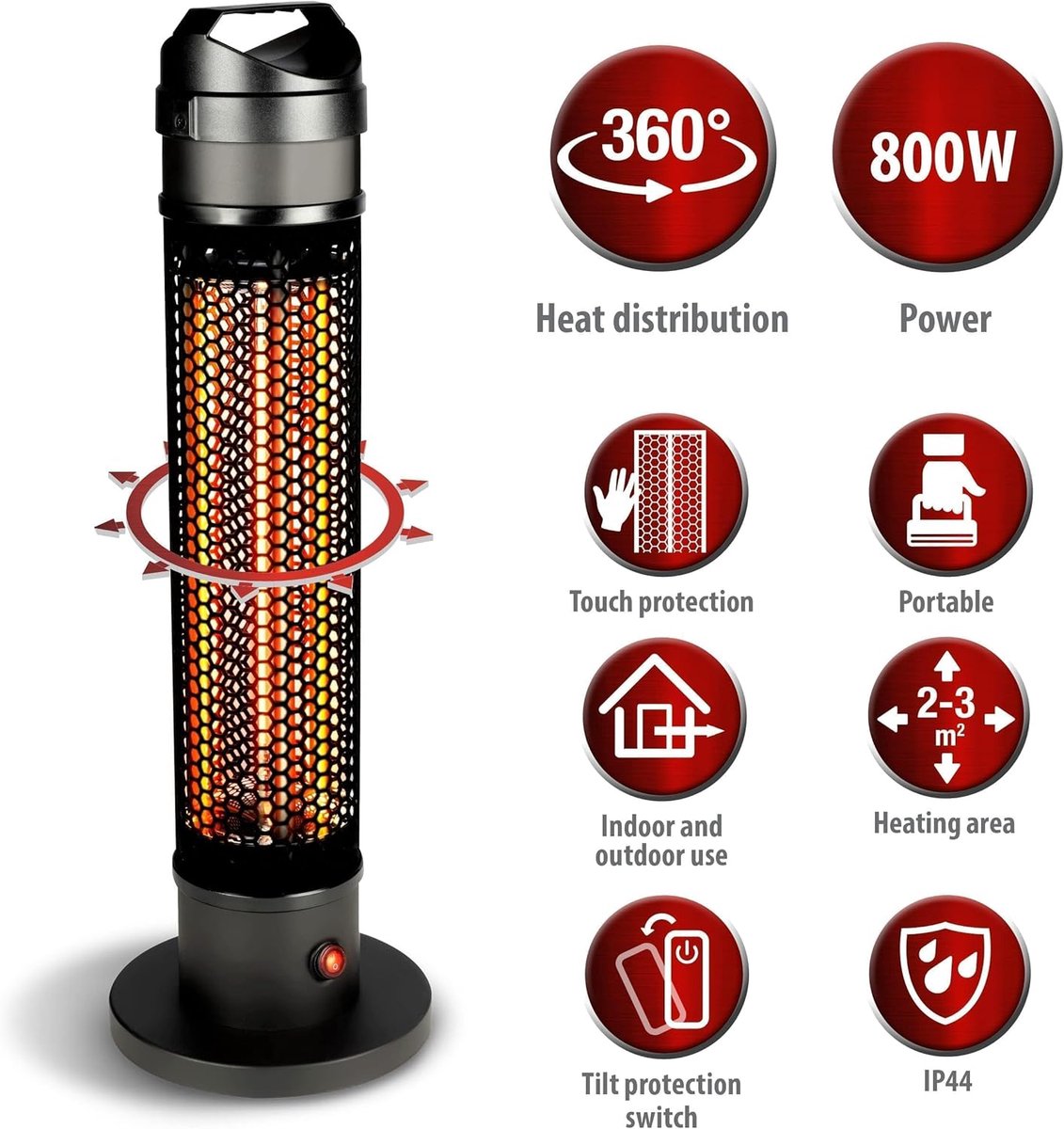 Ganeey Infrarood Terrasverwarmer 800W – Vrijstaand & Draagbaar – Binnen & Buiten – IP44 Waterbestendig – Compacte Toren Heater voor Terras, Balkon, Tuin en Kantoor – Zwart