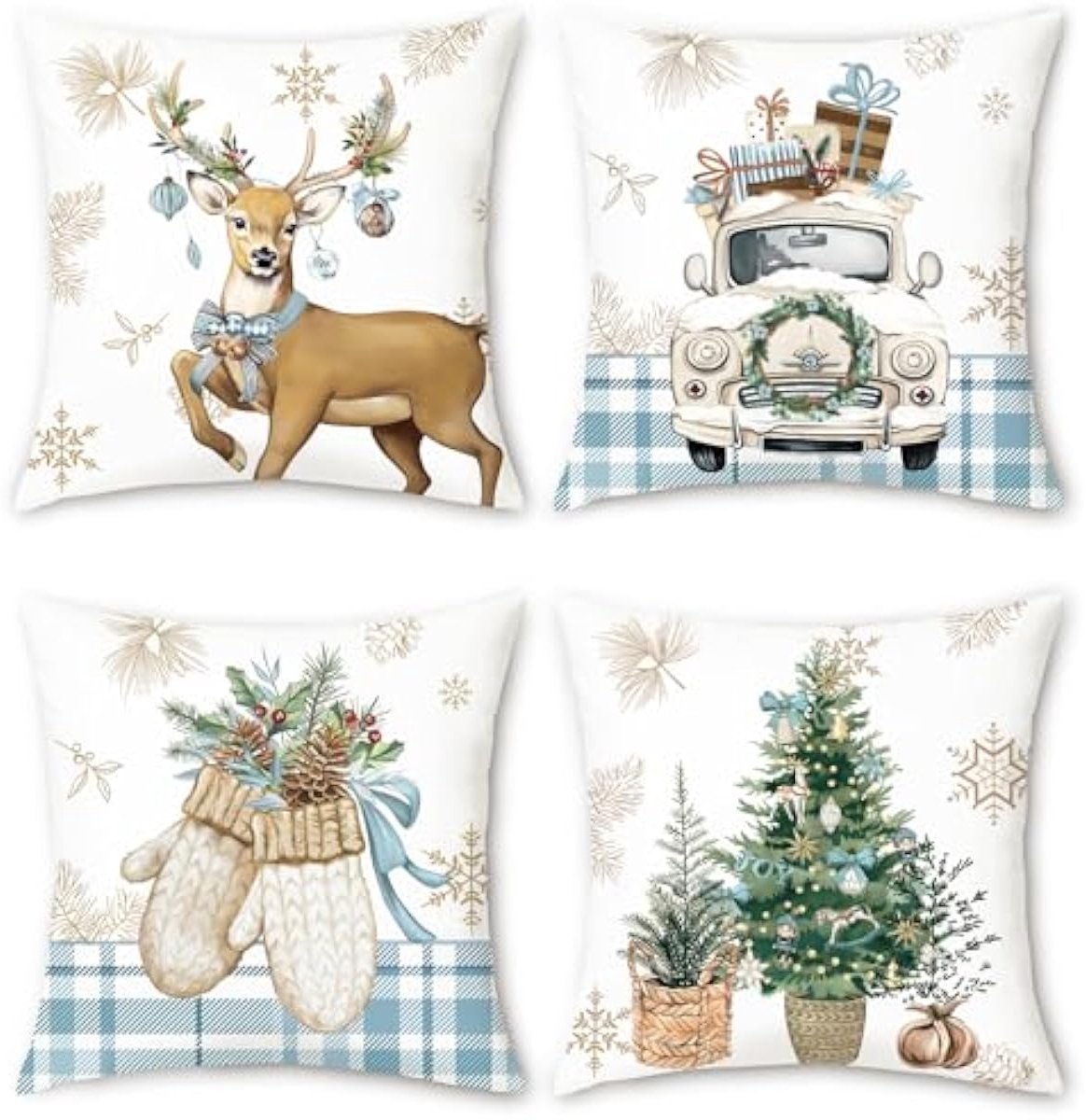 4x Kerst Sierkussenslopen 45x45 cm Fluweel Winter Decoratie Rendier en Sneeuwvlokken