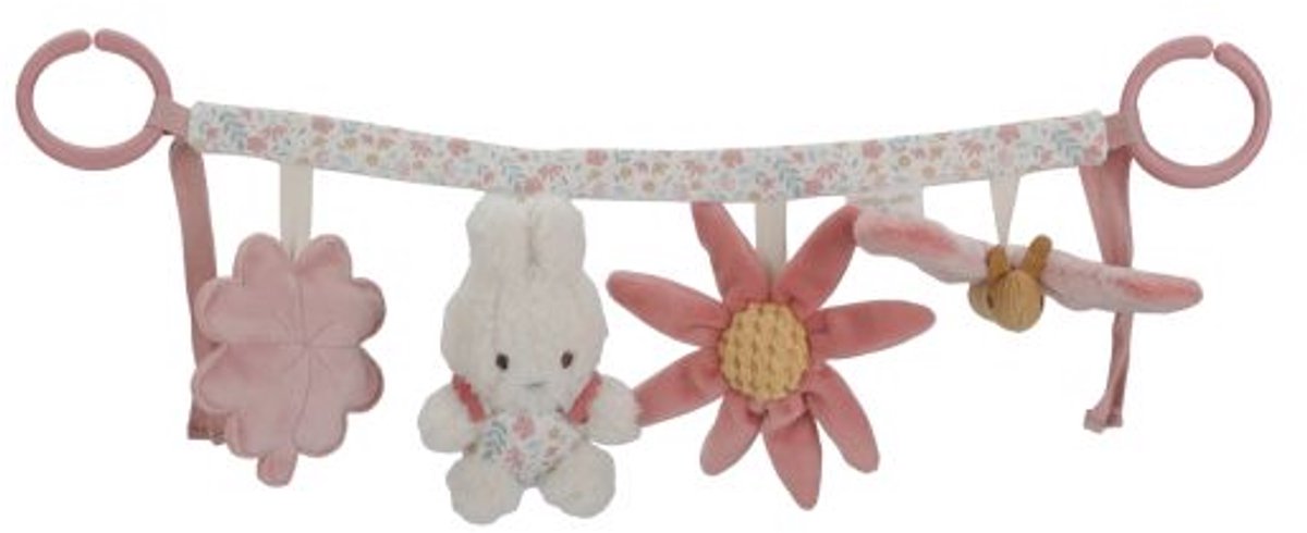 Little Dutch Nijntje Wagenspanner Lucky Blossom – Miffy - Roze wagenspanner met zachte figuurtjes en bloemen – Inclusief rammelaar, spiegeltje en knisperende details – Stimuleert zintuigen en motoriek onderweg – Eenvoudig te bevestigen