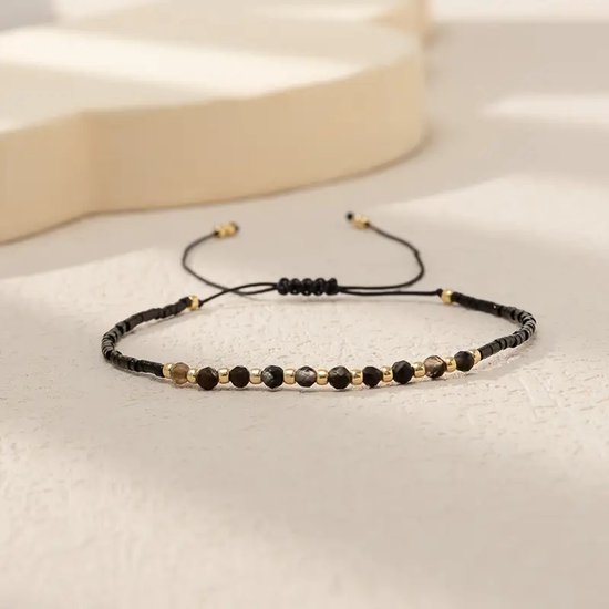 Bracelet en cordon noir à perles pour femme – bracelet ajustable avec détails dorés